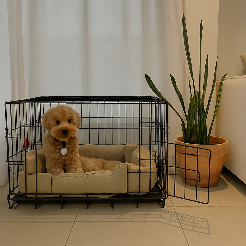 Dog inside a wire crate with a beige cushion, next to a potted plant in a room.