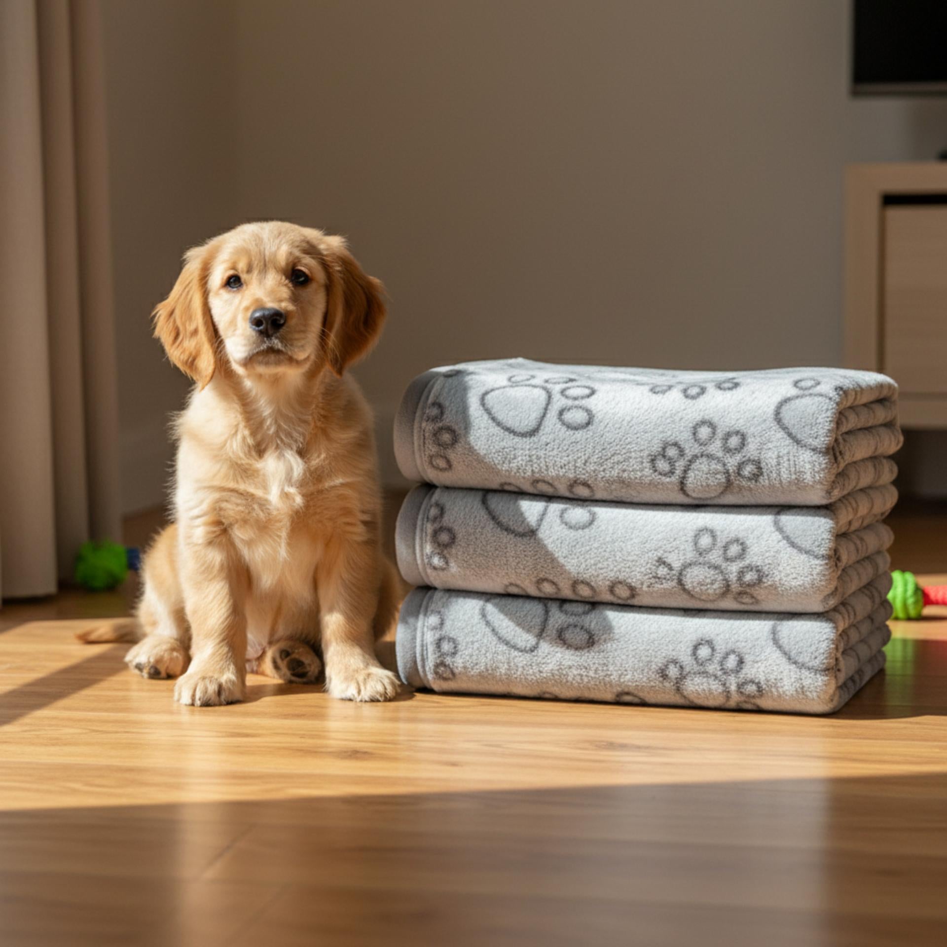 Puppy sitting next to a stack of towels with paw prints on a wooden floor.