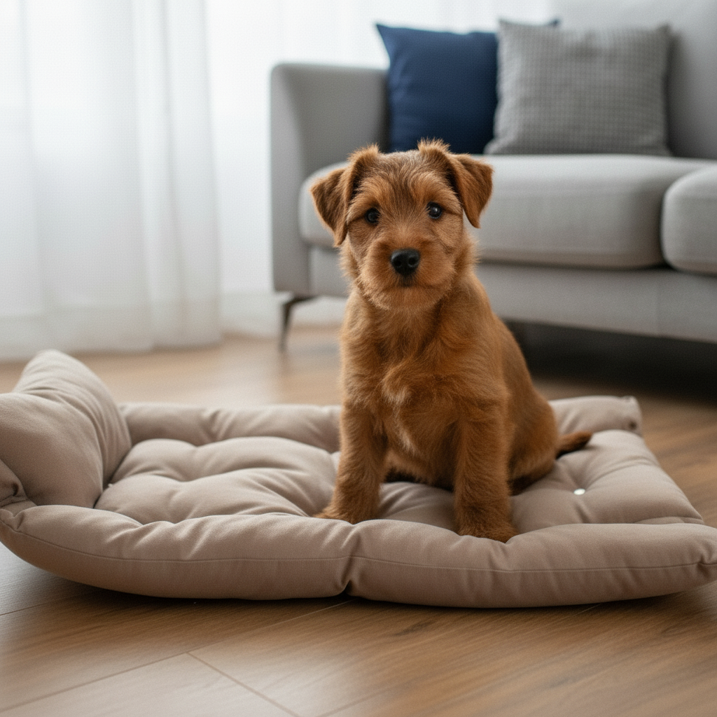 Raw smartphone snapshot of Lakeland Terrier puppy