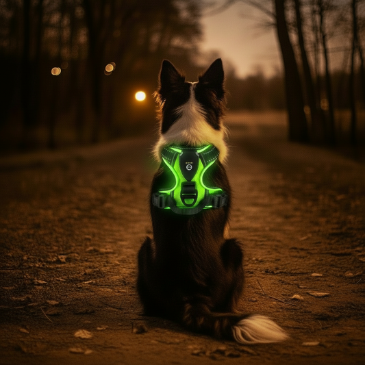 Raw snapshot of collie on dirt road with LED harness