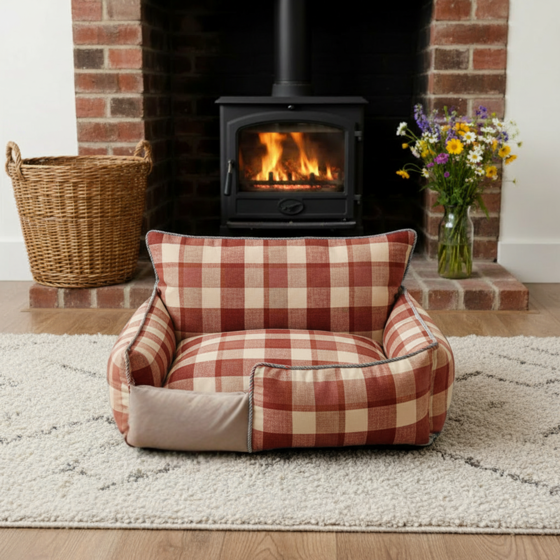 "Red tartan dog bed with cushioned sides - traditional plaid pattern pet bed for medium dogs"