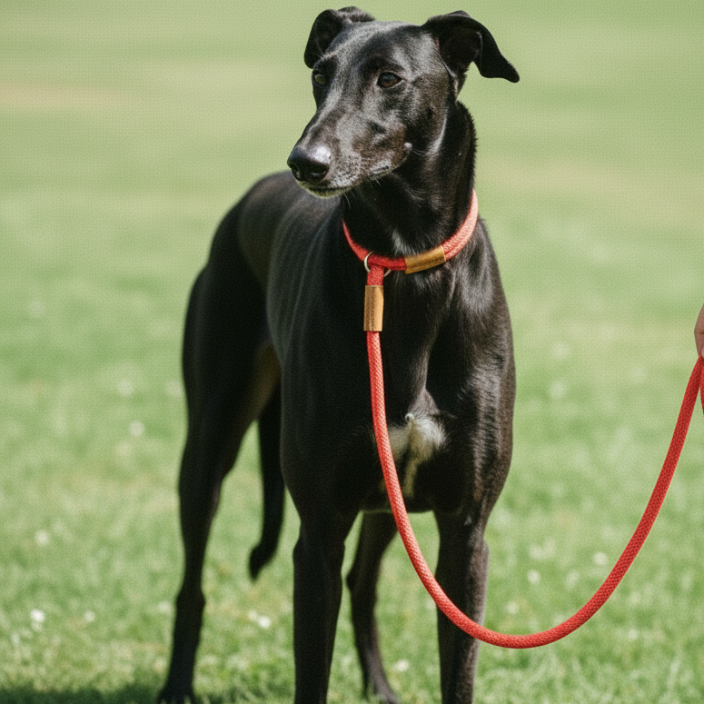 Black greyhound dog wearing red rope slip lead standing on grass - premium dog training lead demonstration