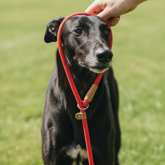 Hand demonstrating quick-release red rope slip lead removal from black greyhound - easy on off dog lead