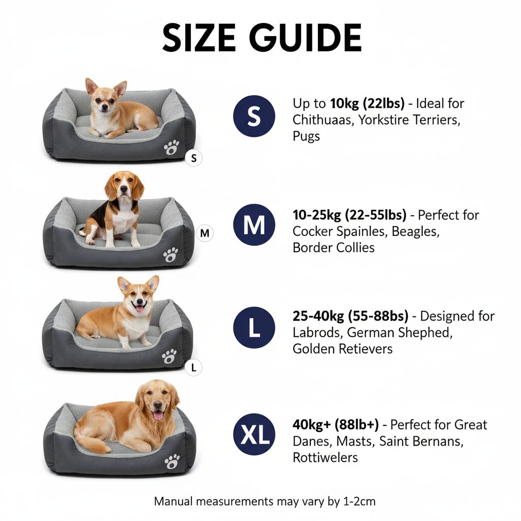 Size guide with grey dog bed