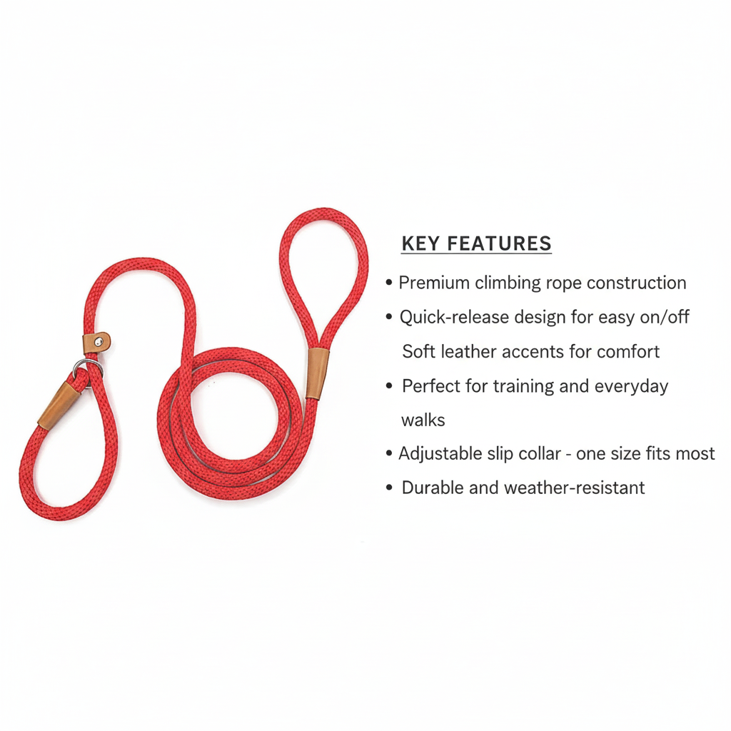 Red rope slip lead with leather accents flat lay - premium climbing rope dog lead with adjustable collar