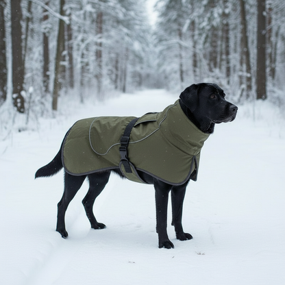 Large dog winter coat in action - Labrador staying warm and dry in snowy forest with waterproof fleece protection
