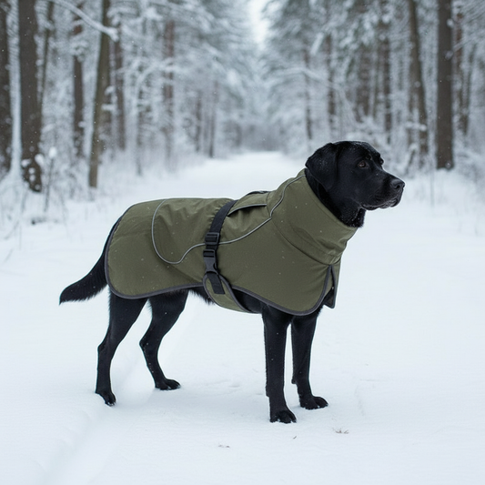 Large dog winter coat in action - Labrador staying warm and dry in snowy forest with waterproof fleece protection
