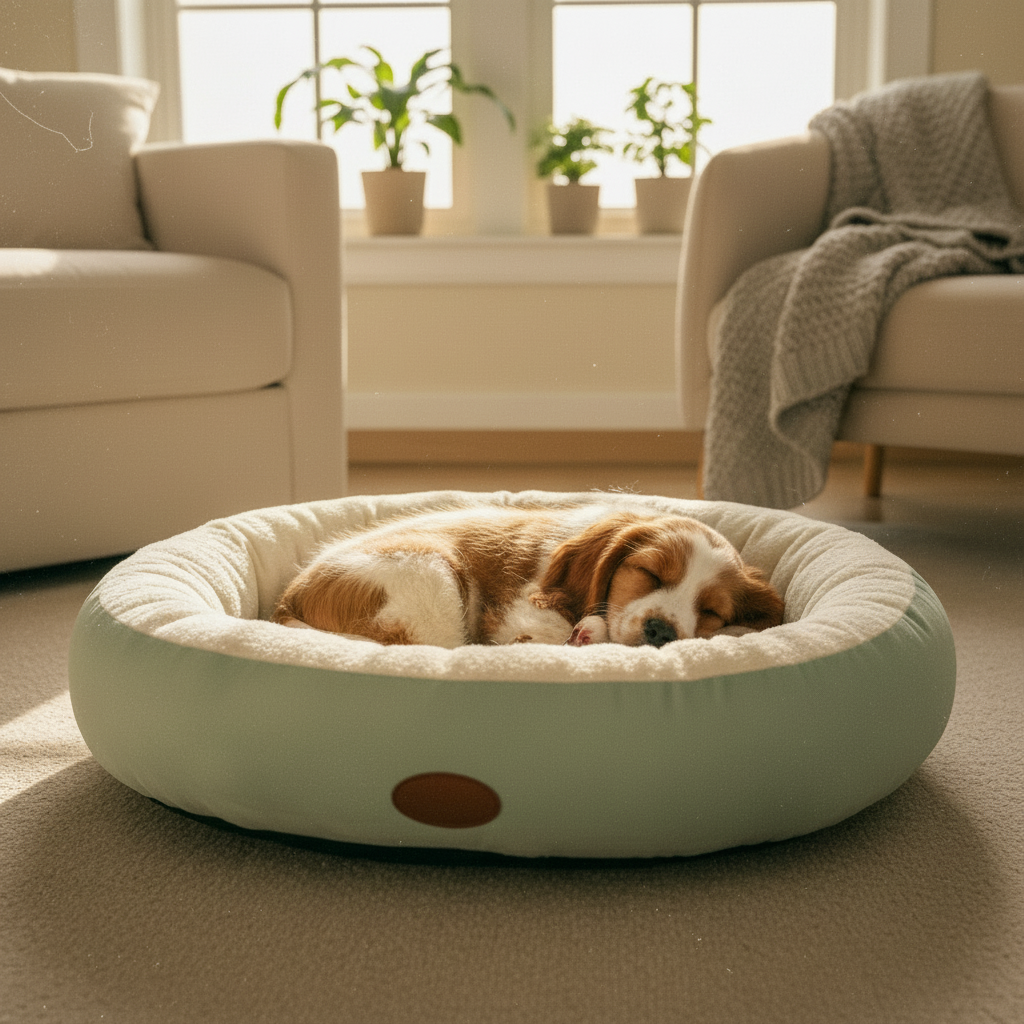 Ultra-realistic raw snapshot of spaniel puppy in bed
