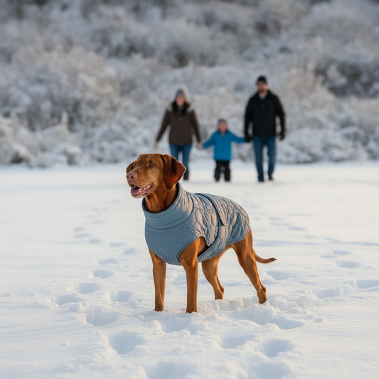 Vizsla in blue snowsuit with walked-in snow