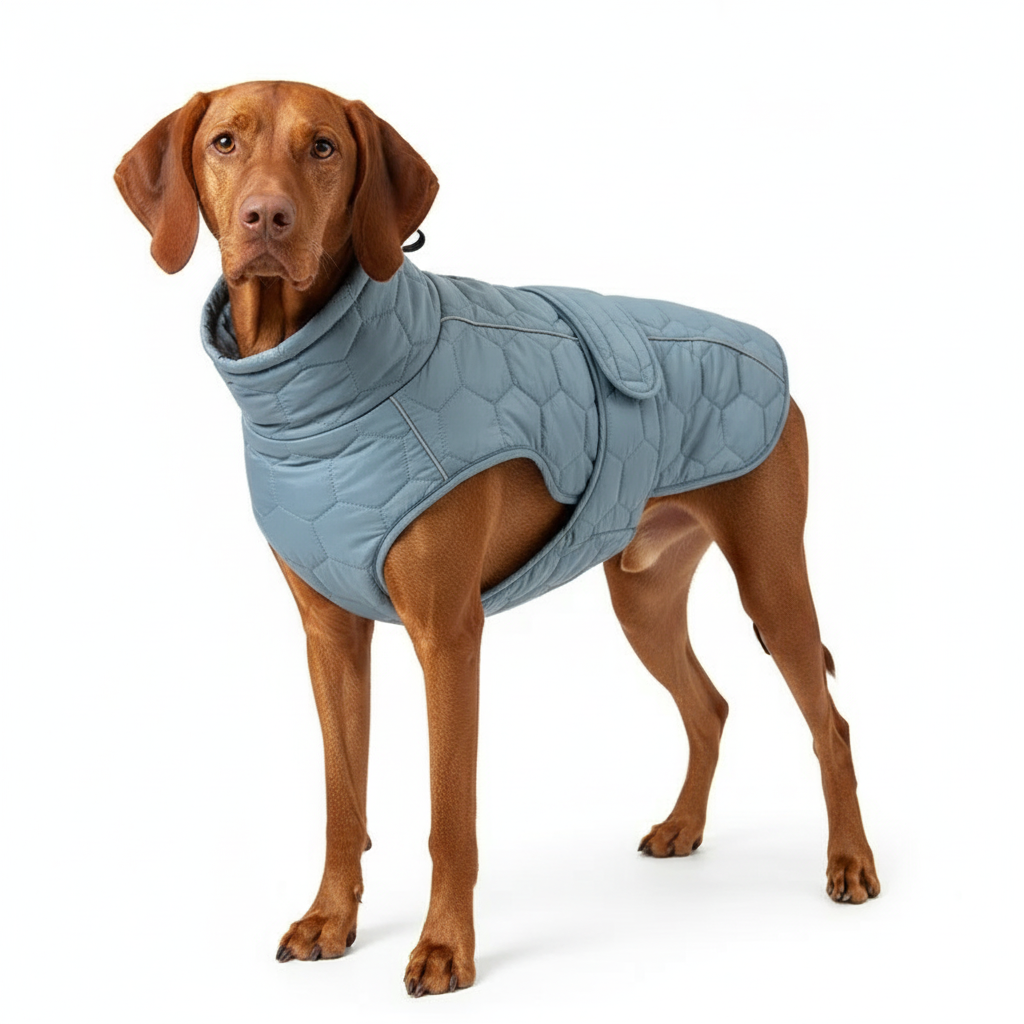 Dog wearing a blue quilted coat on a white background