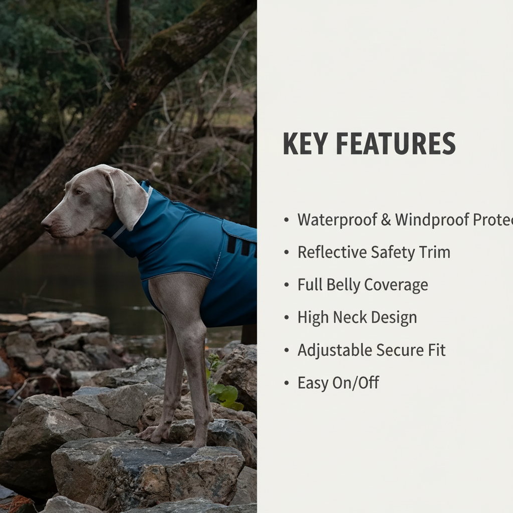 Waterproof dog raincoat with key features listed