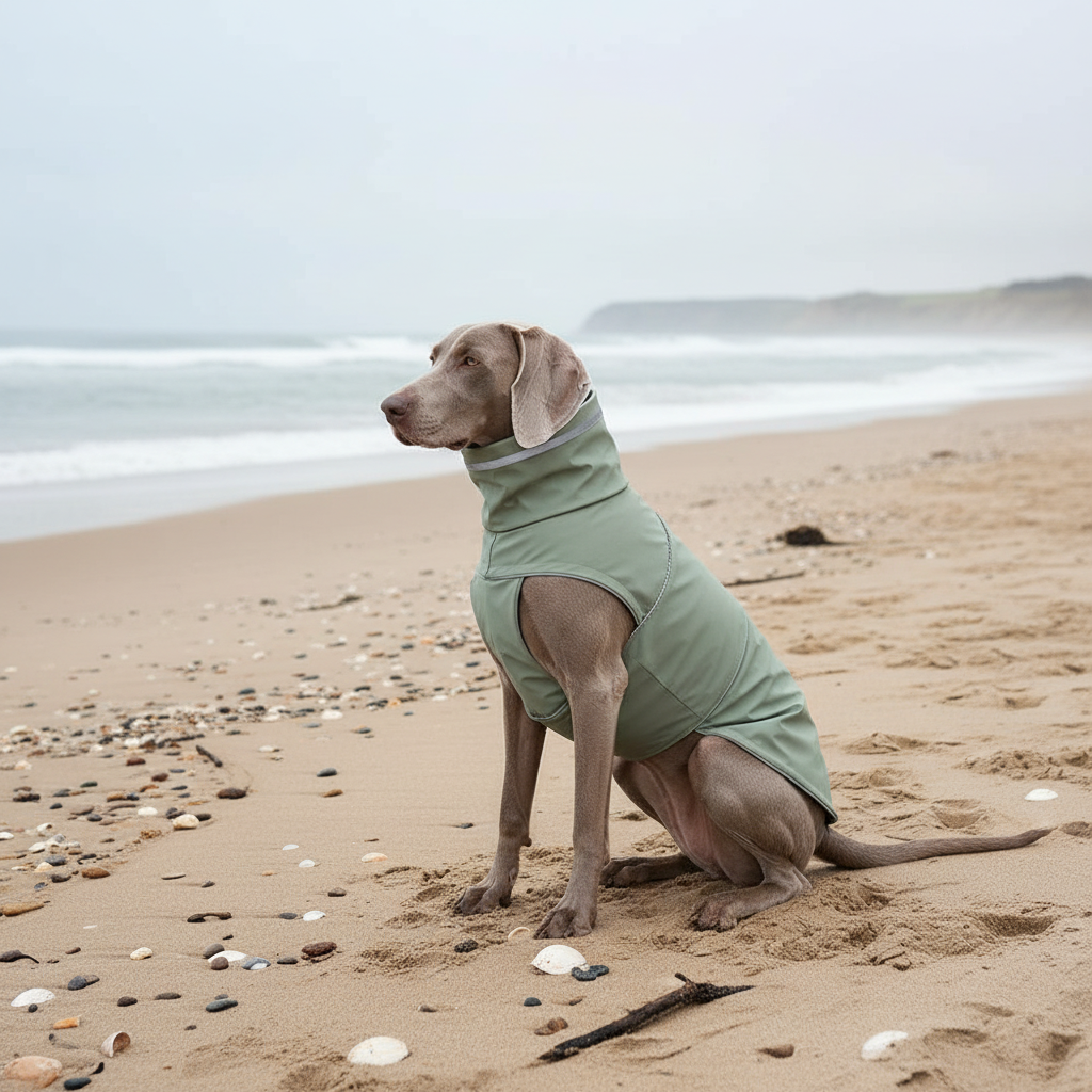 Weimaraner sitting on sandy beach in sage green raincoat