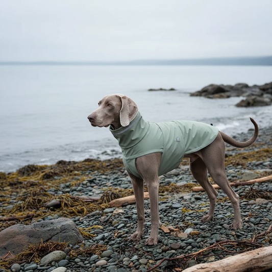 Weimaraner standing on rocky beach in sage green raincoat
