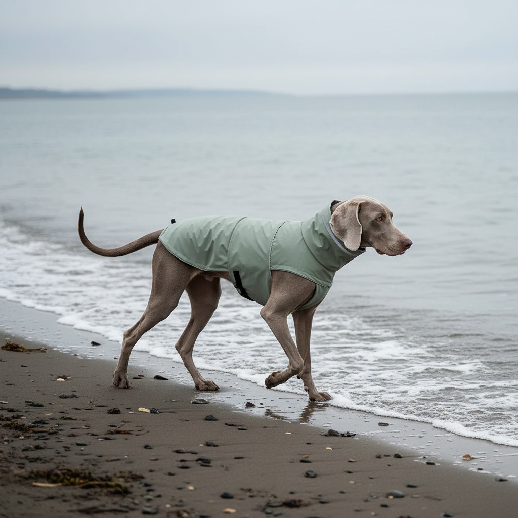 Weimaraner walking on beach shoreline in sage green raincoat